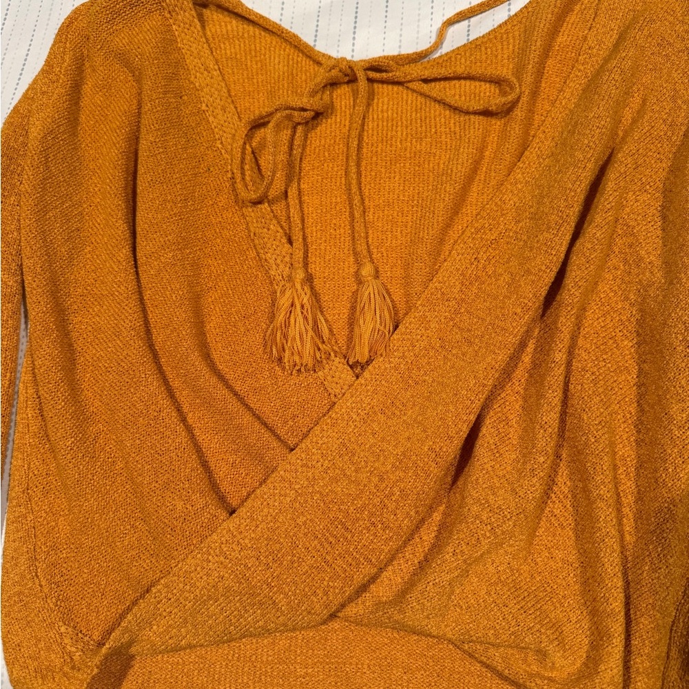 Lulu's Mustard V- Back open Wrap Sweater